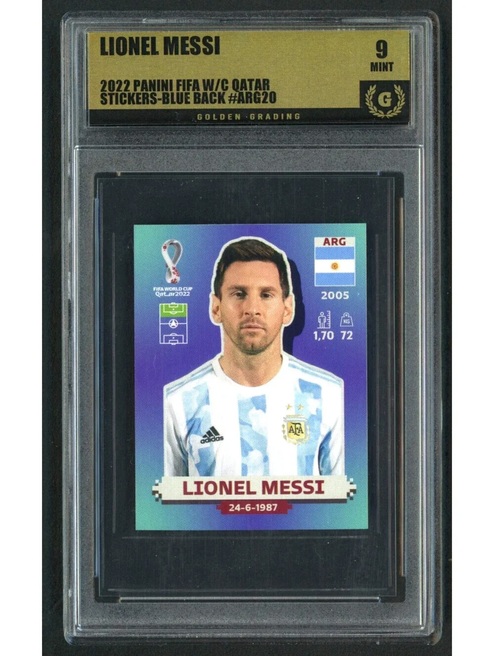2022 Sticker Panini WC. Qatar #ARG 20 Lionel Messi  Argentina Graded Mint 9